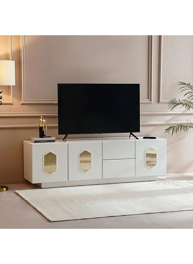 DANUBE HOME وحدة تلفاز قصر 3 أبواب و 2 درج حتى 75 بوصة | خزانة تلفاز بتصميم حديث | حامل تلفاز خشبي | مركز وسائط لغرفة المعيشة L180xW45xH55 سم - أبيض لؤلؤي - Image 1